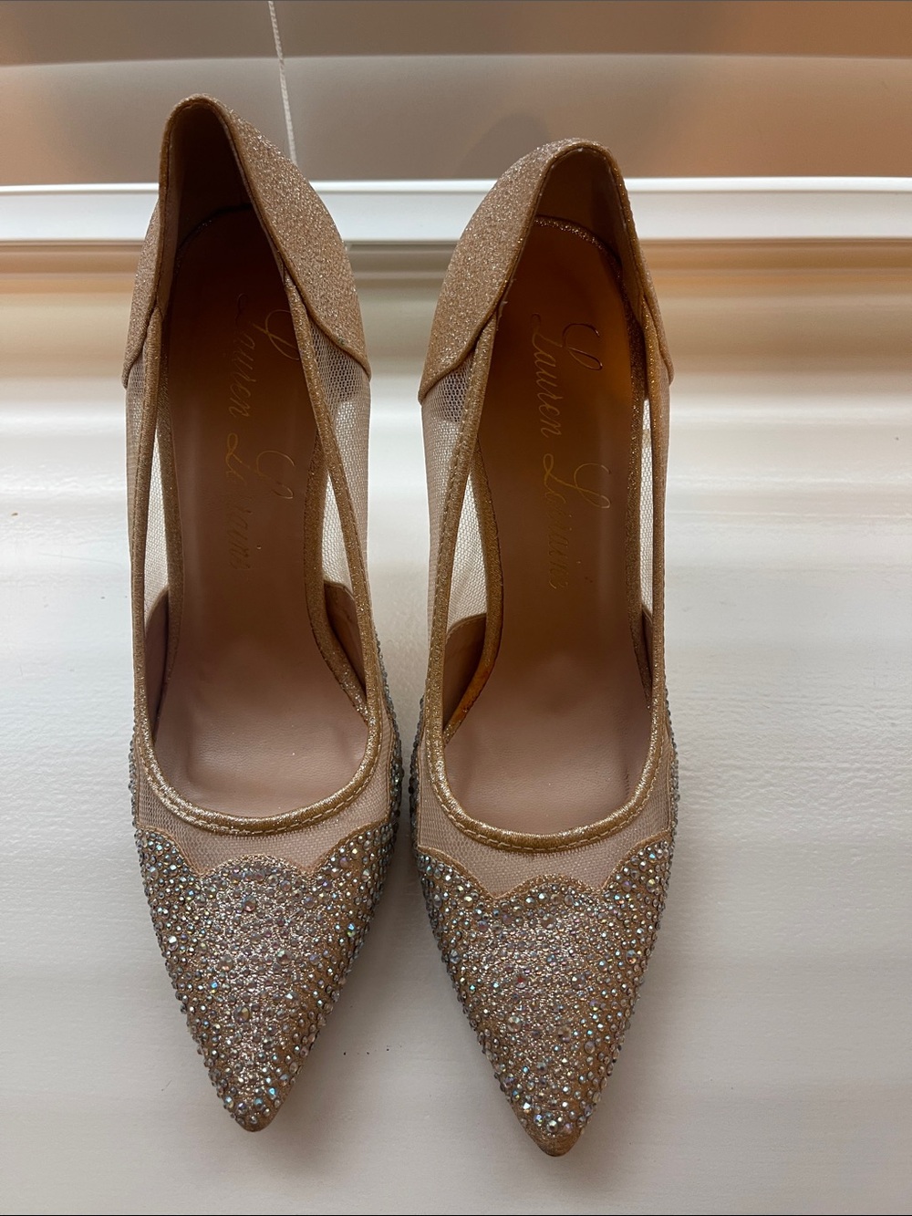 Lauren Lorraine Nude Glitter Pointed Pumps with Crystal Toe
